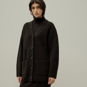 Lilysilk L Oversized Ribbed Knit Cardigan Sweater Chunky Espresso Wool Cashmere